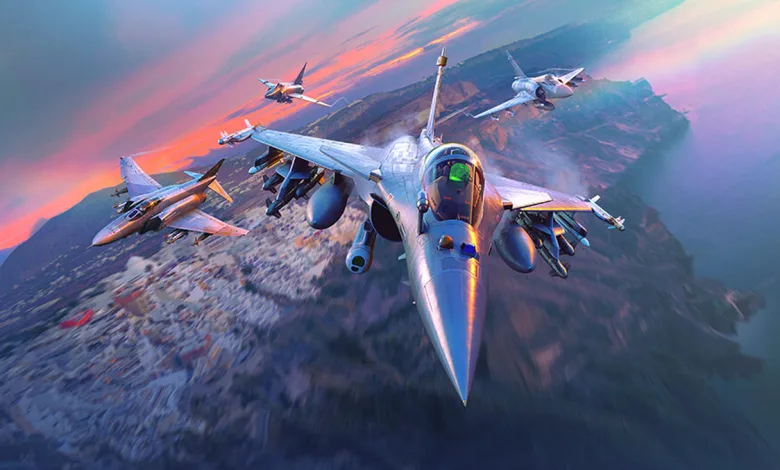 Several War Thunder fighter aircraft fly in formation over a mountainous landscape