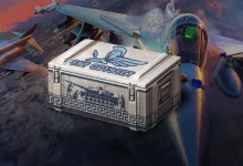 A Sky Odyssey trophy crate sits in front of fighter aircraft in War Thunder artwork.