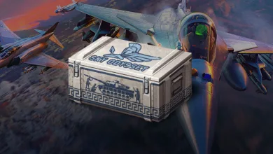 A Sky Odyssey trophy crate sits in front of fighter aircraft in War Thunder artwork.