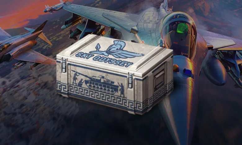 A Sky Odyssey trophy crate sits in front of fighter aircraft in War Thunder artwork.