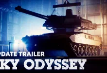 A tank hangs from a crane inside an industrial hangar, with the words "Update Trailer" and "Sky Odyssey" visible along the bottom