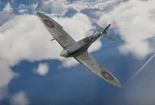 A British Spitfire banks through clouds in War Thunder