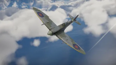 A British Spitfire banks through clouds in War Thunder