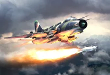 A camouflaged War Thunder Su-17M4 aircraft launches a missile while flying through storm clouds.