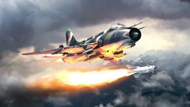 A camouflaged War Thunder Su-17M4 aircraft launches a missile while flying through storm clouds.