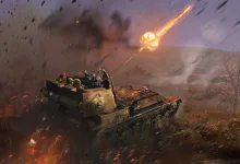 War Thunder armored vehicle fires across a smoky battlefield as a projectile streaks overhead.