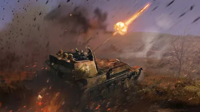 War Thunder armored vehicle fires across a smoky battlefield as a projectile streaks overhead.
