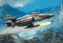 A War Thunder military aircraft launches a missile while flying over a tropical landscape with steep mountains.