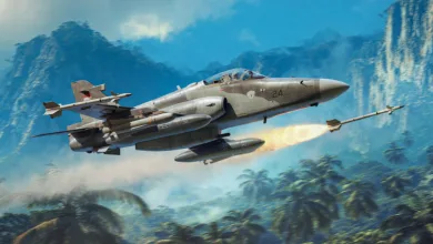 A War Thunder military aircraft launches a missile while flying over a tropical landscape with steep mountains.