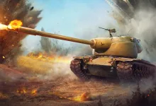 A War Thunder tank fires its main gun amid explosions and smoke on a battlefield.