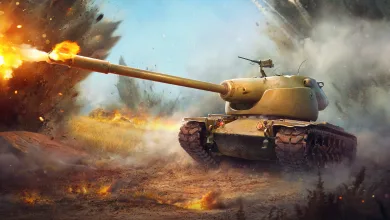 A War Thunder tank fires its main gun amid explosions and smoke on a battlefield.