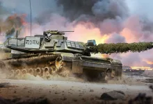 A War Thunder tank advances across a dusty battlefield as smoke and explosions fill the background.