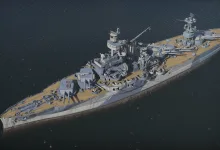 The USS Arkansas battleship sails through the ocean in War Thunder, viewed from above.