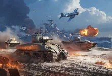 A tank advances across a beach while aircraft fly overhead and warships battle offshore in a War Thunder scene