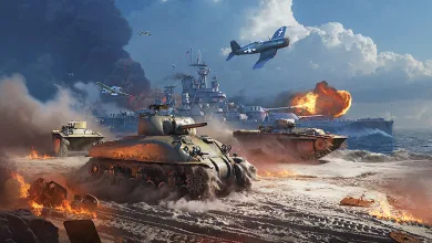 A tank advances across a beach while aircraft fly overhead and warships battle offshore in a War Thunder scene
