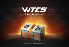 A WTCS Trophy VI crate glowing against a dark background, with text noting 40 new camouflages.