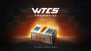 A WTCS Trophy VI crate glowing against a dark background, with text noting 40 new camouflages.
