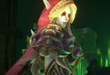 Sylvanas stands in green-lit ruins in Warcraft III: Reforged's Forsaken Kingdom campaign.