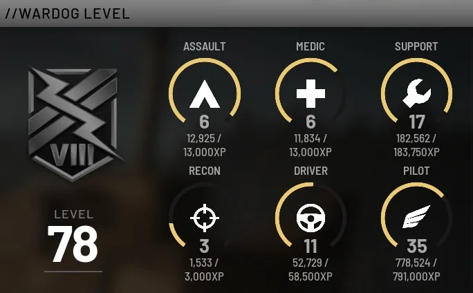 WARDOGS role level screen showing Level 78 with Assault, Medic, Support, Recon, Driver and Pilot levels
