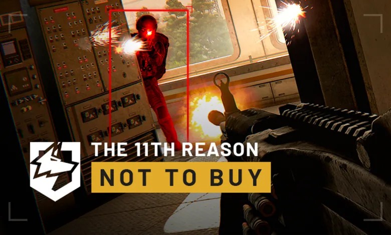 First-person view of a WARDOGS soldier firing a rifle inside an aircraft, with the words “The 11th Reason Not to Buy” overlaid.