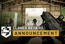 A first-person rifle points toward soldiers between shipping containers inside a warehouse in WARDOGS, with Closed Beta 02 announcement text visible.