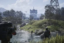 WARDOGS soldiers cross a river near an industrial tower in a wooded battlefield.