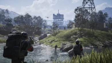 WARDOGS soldiers cross a river near an industrial tower in a wooded battlefield.