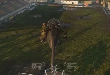 A WARDOGS helicopter flies over a stadium field with flight HUD data visible.