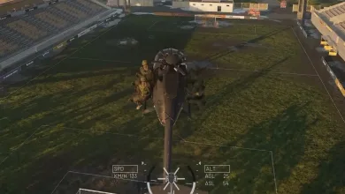 A WARDOGS helicopter flies over a stadium field with flight HUD data visible.