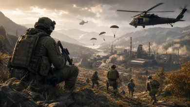 Soldiers move toward an industrial mountain battlefield as helicopters fly and troops parachute overhead.