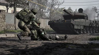 Soldiers from WARDOGS assist a fallen teammate beside a tank in a damaged urban battlefield.
