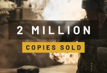 A WARDOGS soldier stands in a combat zone as explosions erupt behind him, beneath a two-million-copies-sold announcement graphic.