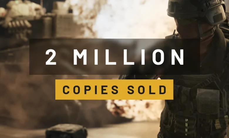 A WARDOGS soldier stands in a combat zone as explosions erupt behind him, beneath a two-million-copies-sold announcement graphic.
