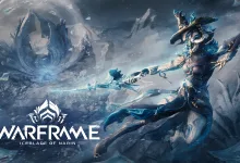 A blue-armored Warframe character wielding an ice blade moves through a frozen landscape.