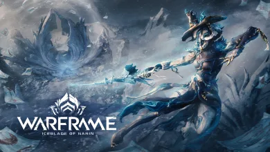 A blue-armored Warframe character wielding an ice blade moves through a frozen landscape.