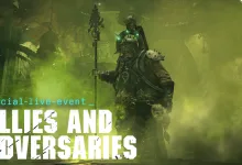 An armored Darktide character stands in green fog beneath the Allies and Adversaries event title.