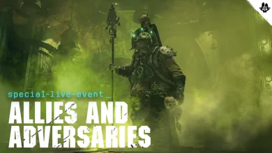 An armored Darktide character stands in green fog beneath the Allies and Adversaries event title.
