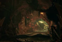 A fleshy, corrupted tunnel with an industrial walkway and bulbous growths in Warhammer 40,000: Darktide.