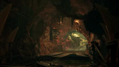 A fleshy, corrupted tunnel with an industrial walkway and bulbous growths in Warhammer 40,000: Darktide.