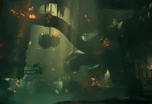 A dim industrial passage with massive pipes, metal walkways, and orange lights in Warhammer 40,000: Darktide.