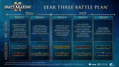 Warhammer 40,000: Space Marine II roadmap showing the Apothecary class planned for Patch 17 in 2027