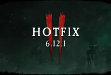 Dark Vermintide scene with red claw marks and the text "HOTFIX 6.12.1"