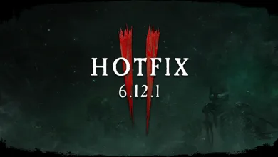 Dark Vermintide scene with red claw marks and the text "HOTFIX 6.12.1"