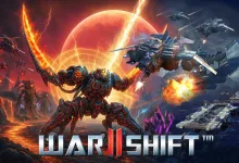 Warshift 2: Machines of Madness artwork showing a giant combat machine, aircraft, and opposing forces in battle beneath a red planet