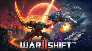 Warshift 2: Machines of Madness artwork showing a giant combat machine, aircraft, and opposing forces in battle beneath a red planet