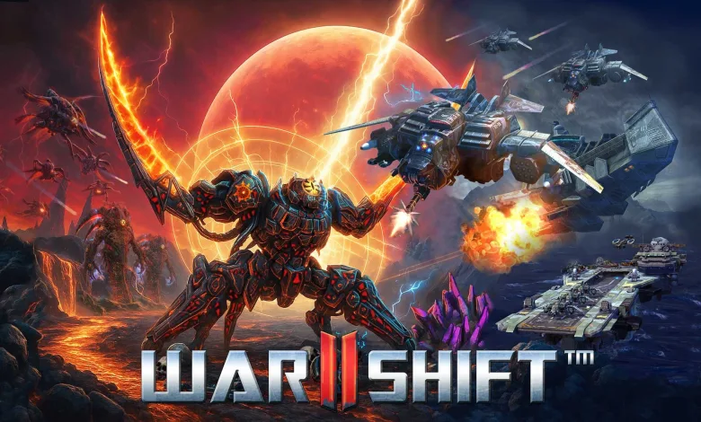 Warshift 2: Machines of Madness artwork showing a giant combat machine, aircraft, and opposing forces in battle beneath a red planet
