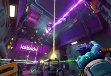 A first-person view of a neon-lit industrial puzzle room at Norček Industries, with a glowing device suspended overhead.