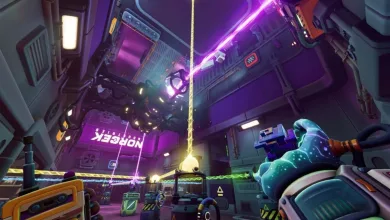 A first-person view of a neon-lit industrial puzzle room at Norček Industries, with a glowing device suspended overhead.