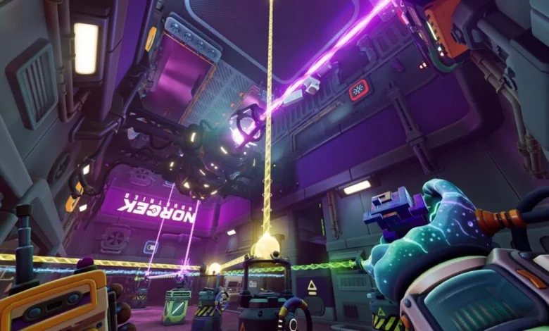 A first-person view of a neon-lit industrial puzzle room at Norček Industries, with a glowing device suspended overhead.