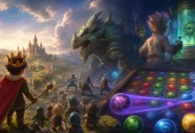 Fantasy RPG montage featuring a crowned young ruler, adventuring party, dragon, laboratory monster tank, and colorful match-puzzle battle board.